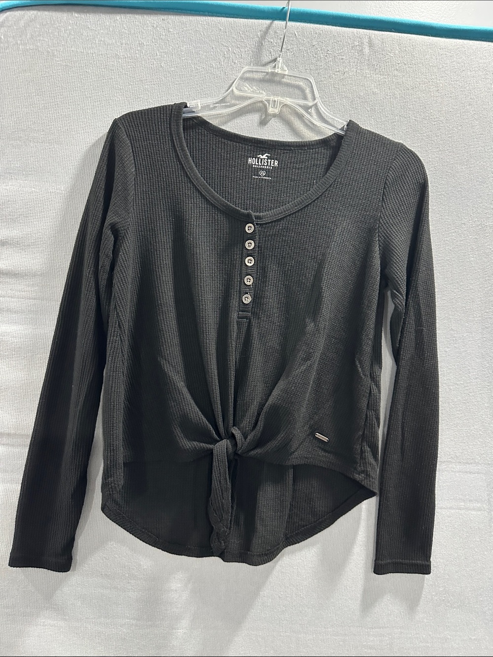 Hollister Black Ribbed Long Sleeve Henley with Front Tie Detail